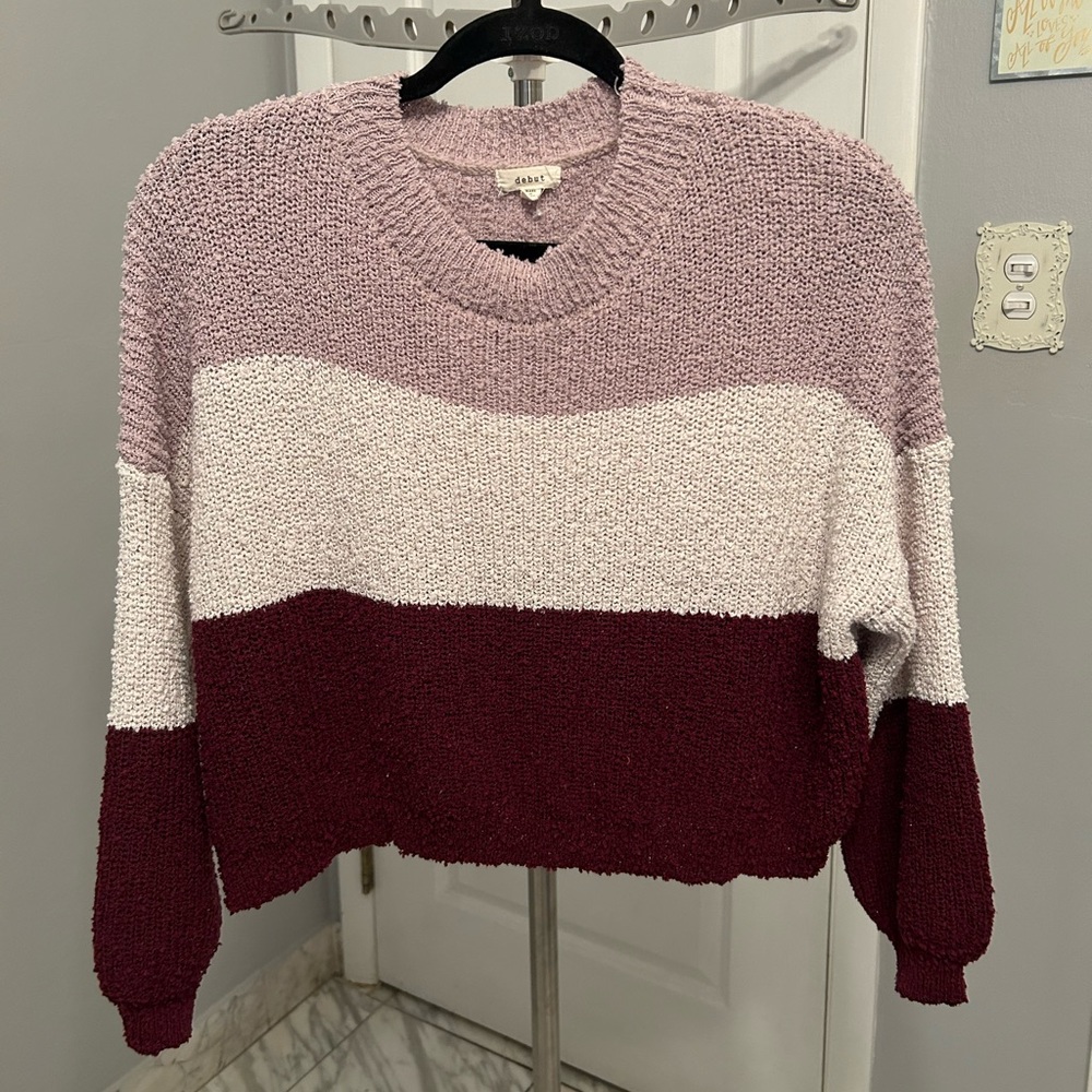 Debut Striped Tri-Color Purple Cropped Knit Pullover Crew Neck Sweater